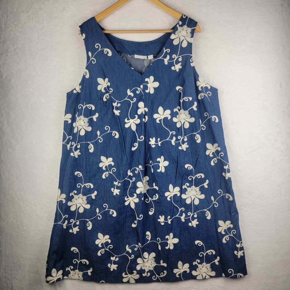 Boho Sz 18 Women Denim Dress Sheath Sleeveless Embroidery Cream Floral Casual